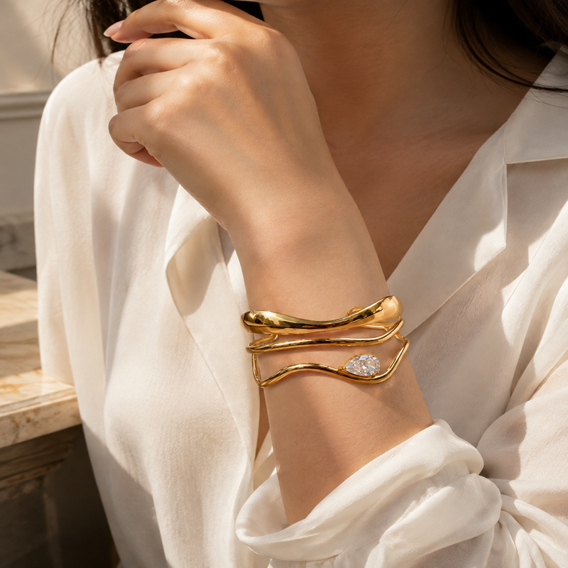 Modern Gold Finish Crystal Cuff Bracelet for Women (58376)