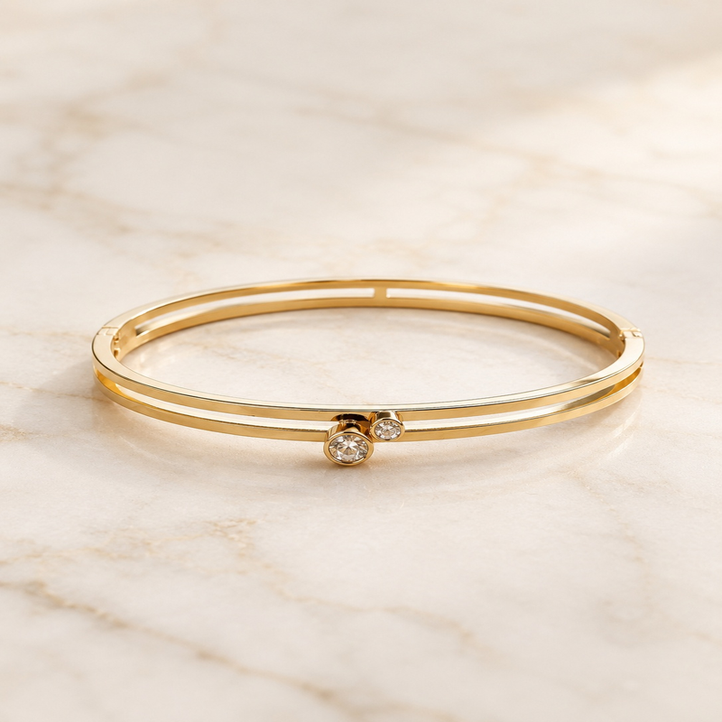 Minimal Gold-Tone Two Stone Bangle Bracelet for Women (58752)